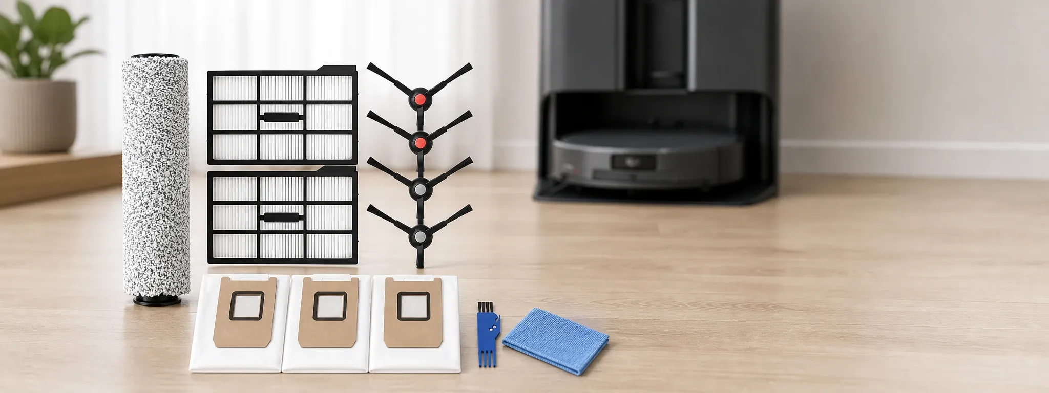 Flat-lay of a robot vacuum replacement kit for Eufy Omni models, showing a roller brush, two filter packs, four side brushes, three dust bags, a cleaning brush, and a blue mop pad beside a docked robot vacuum in a home interior.
